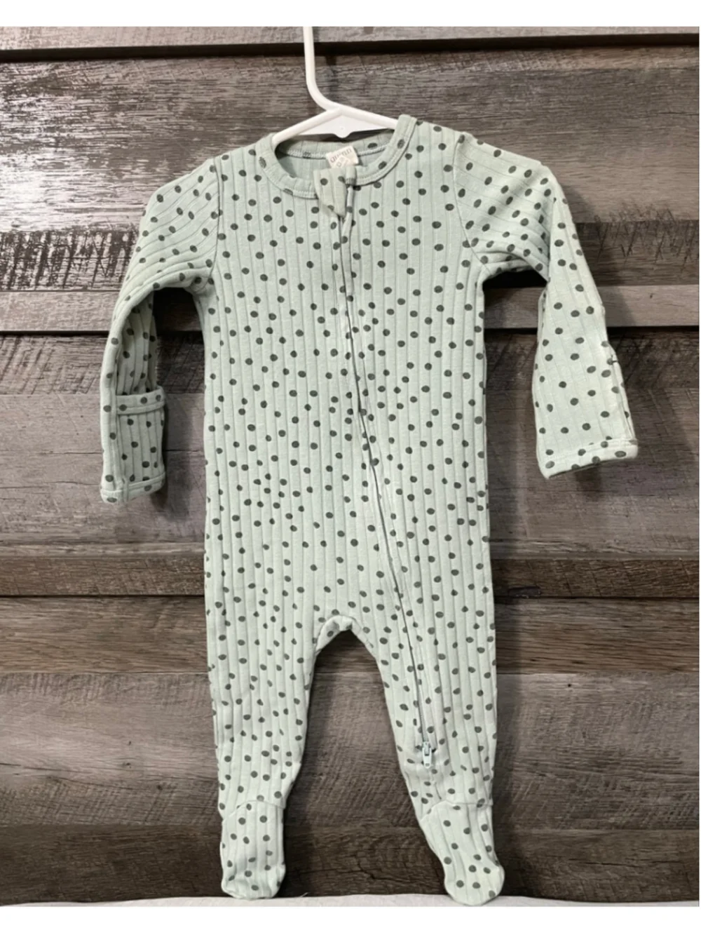 Kate Quinn Organic Cotton Ribbed 2 Way Zip Footie Sleeper Sage Polka Dot 6-9m
